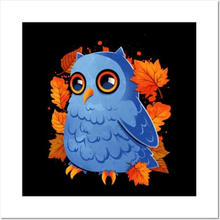 Blue Owl Orange Autumn Leaves Posters and Art